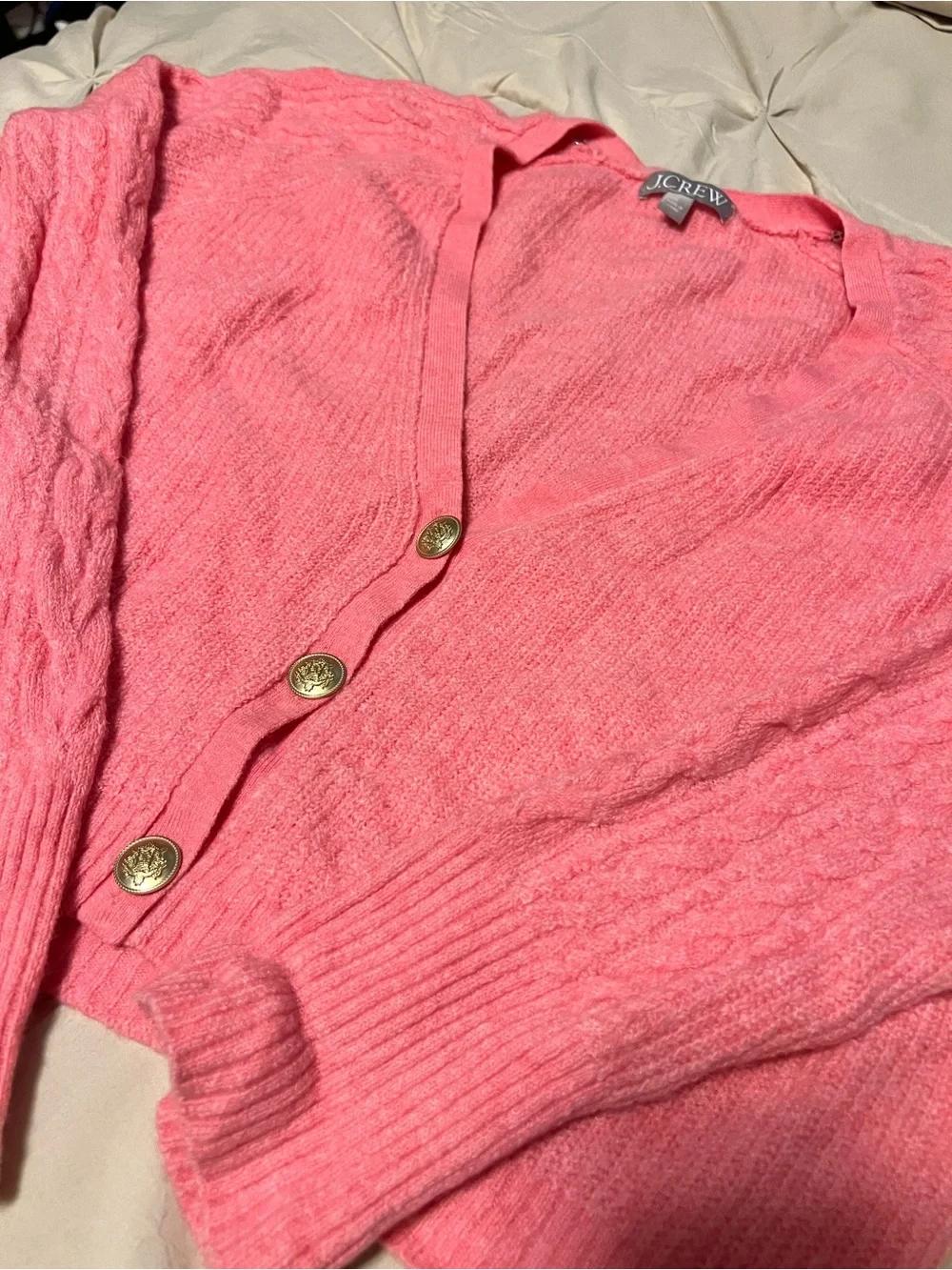 J. Crew Coral Pink Button-Front Cable Cardigan